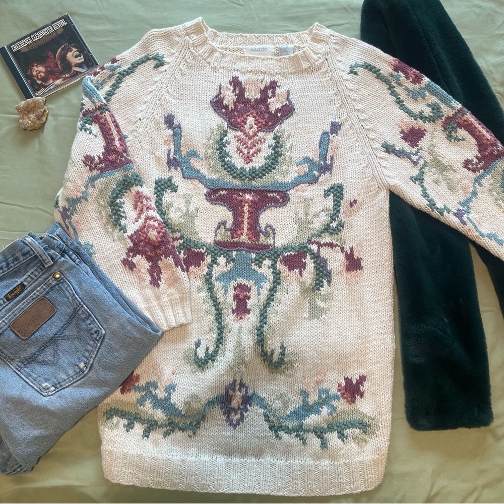 Floral Patterned Sweater - Cream and Multicolor